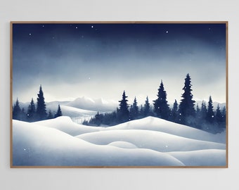 Vintage Nordic Mountain Winter Landscape Painting - Vintage Art, Printable Wall Art, Winter Landscape, Holiday Wall Art, Christmas art print