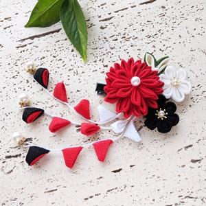 Fabric Chrysanthemum Flowers Kanzaki Dangling Hair Clip for Japanese Yukata and Kimono - Red and Black