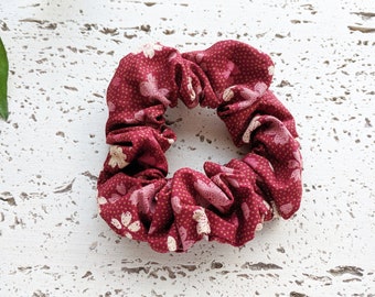 Japanese Kimono Fabric Hair Scrunchie - Sweet Cherry Blossoms Maroon