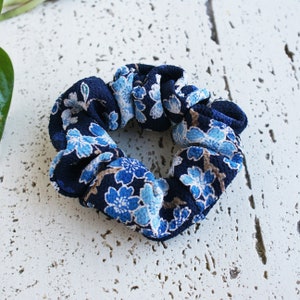 Japanese Fabric Hair Tie, Ponytail Holder, Kimono Scrunchie, Japanese Kimono Accessories, Elastic Hair Ties - Blue Cherry Blossoms