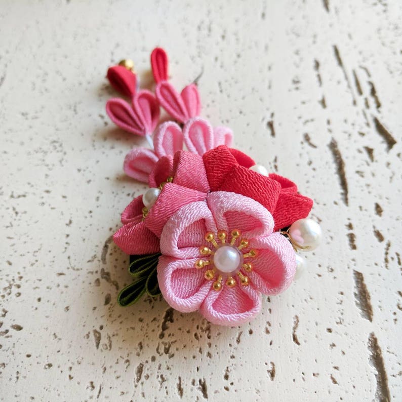 Red Fabric Plum Blossoms Dangle Hair Clip Hair Accessory for Japanese Yukata and Kimono