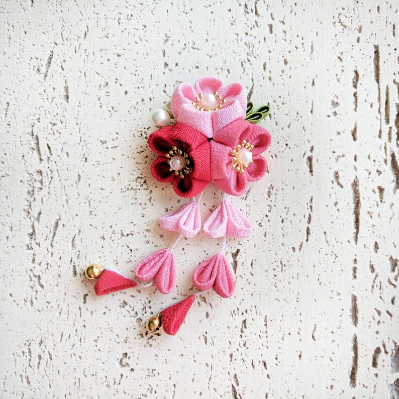 Red Fabric Plum Blossoms Dangle Hair Clip Hair Accessory for Japanese Yukata and Kimono