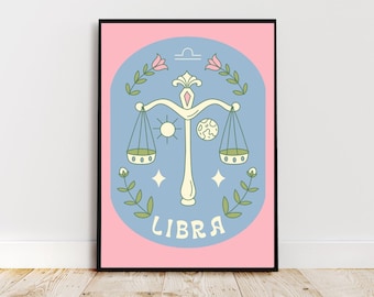 May include: A blue and pink illustrated poster featuring a Libra zodiac symbol, scales, stars, and flowers. The text "LIBRA" is at the bottom of the poster.