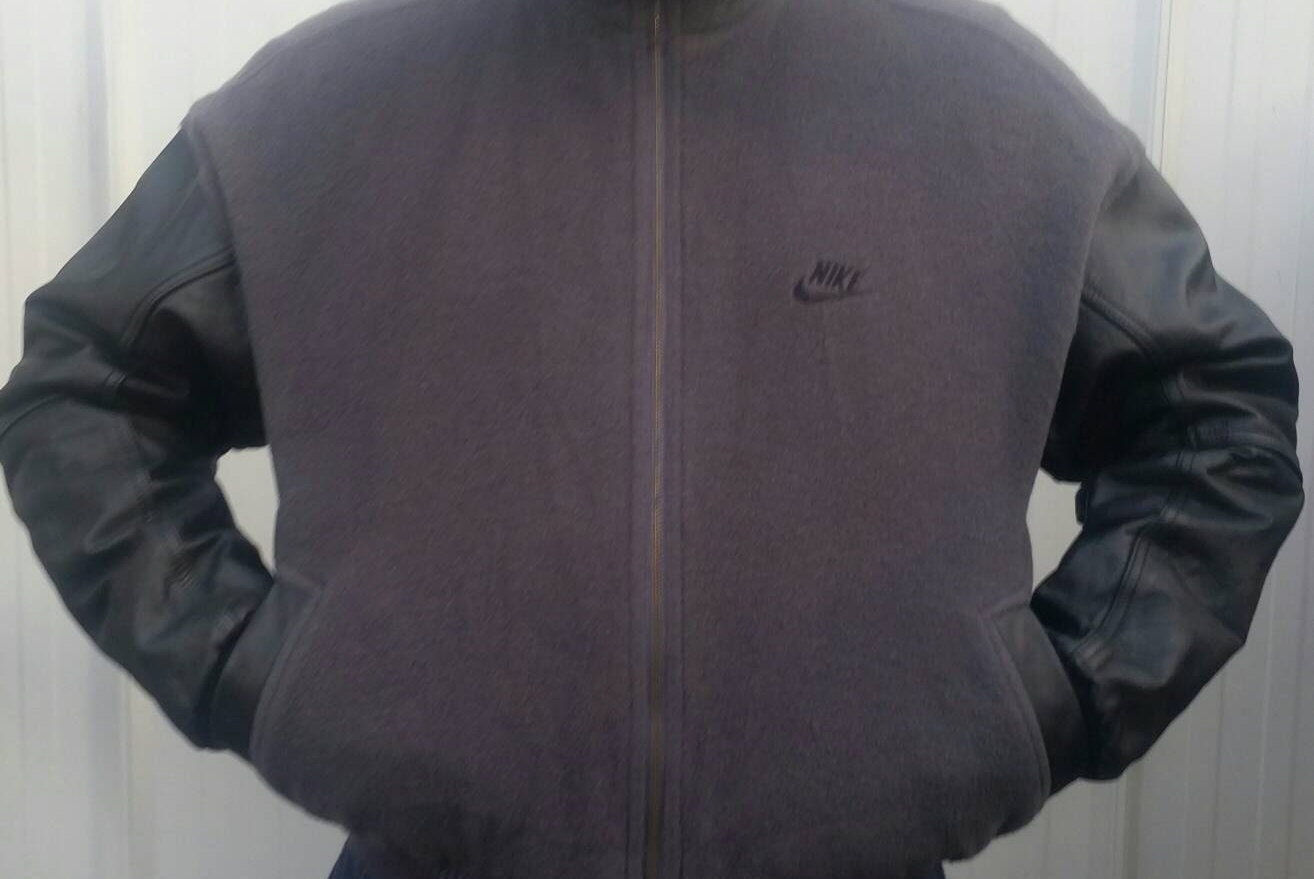 Vintage Nike Force Bomber style Jacket, 80's style, 90's style, Wool and Leather, grayish purple, men's medium.