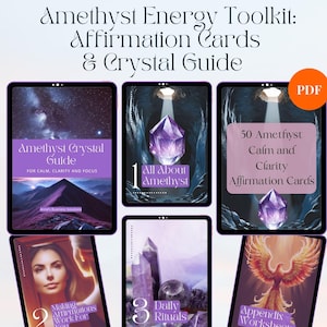 Boîte à outils énergétiques en améthyste : 50 cartes d'affirmation et un guide des cristaux pour plus de clarté avec des méditations guidées et des feuilles de travail. PDF, accès instantané maintenant !
