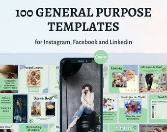 100 General Purpose templates in Green Ash (green) color scheme, fully editable Canva templates, get instant digital access now!