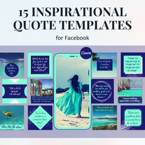 15 modèles de publication Facebook de citations inspirantes modifiables dans Canva - Dans le thème &quot;Cool Aqua&quot; - Obtenez un accès instantané maintenant !