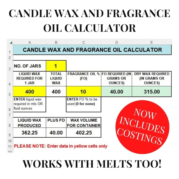 Candle Wax and Fragrance Oil Calculator - UPDATED: Now includes Candle and Melt Range Costings - Excel instant digital download!