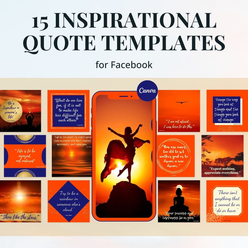 K&ouml;nnte beinhalten: Eine Collage aus 15 inspirierenden Zitatvorlagen f&uuml;r Facebook. Die Vorlagen zeigen eine Vielzahl von Sonnenuntergangs- und Sonnenaufgangs-Hintergr&uuml;nden mit motivierenden Zitaten in einem gold-blauen Farbschema. Die Zitate beinhalten: "Sei ein Superheld im Leben von jemandem", "Das Leben ist zum Genie&szlig;en da, nicht zum Ertragen", "Leuchte wie die Sterne", "Wof&uuml;r leben wir, wenn es nicht darum geht, das Leben f&uuml;r einander weniger schwierig zu machen?", "Versuche, ein Regenbogen im Leben eines anderen zu sein", "Ich habe keine Angst... Ich bin dazu geboren.", "Man ist nie zu alt, um sich ein neues Ziel zu setzen oder einen neuen Traum zu tr&auml;umen.", "&Auml;ndere die Art und Weise, wie du die Dinge betrachtest, und die Dinge, die du betrachtest, &auml;ndern sich.", "Erwarte nichts, sch&auml;tze alles.", "Dein Erfolg und dein Gl&uuml;ck liegen in dir", "Es gibt nichts, das ich nicht sein oder tun oder haben kann."