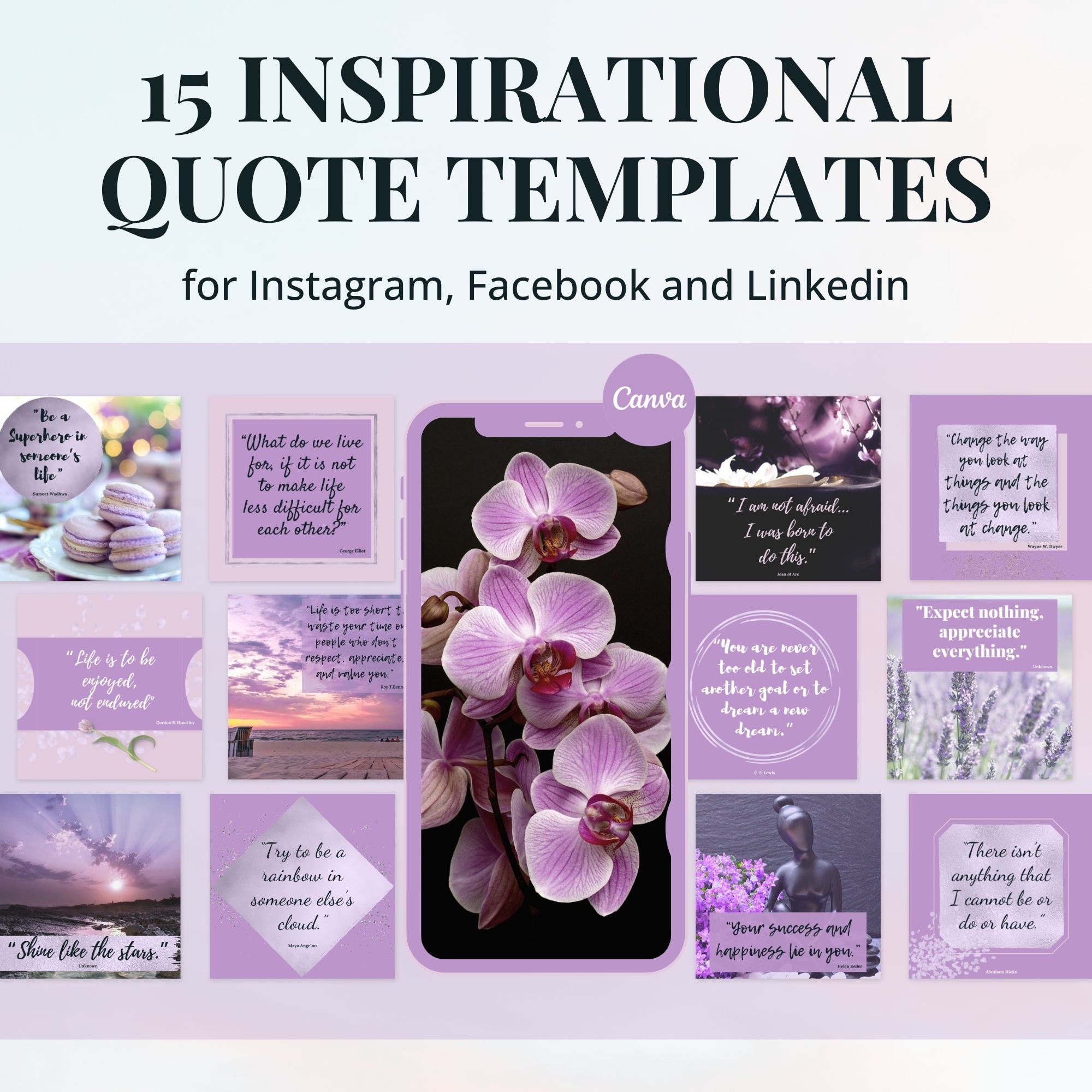 15 inspirational quote Instagram post templates editable in Canva – In "Creative Mauve" theme – Get instant access now!