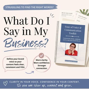 Op de afbeelding: Een toolkit getiteld "Tone of Voice & Communication" met een foto van een vrouw op de omslag. De afbeelding bevat de tekst "Wat zeg ik in mijn bedrijf?" en "Duidelijkheid in je stem. Vertrouwen in je content."