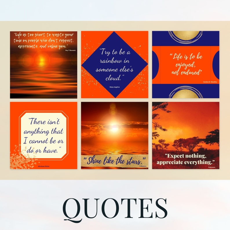 K&ouml;nnte beinhalten: Eine Collage aus sechs inspirierenden Zitaten mit Sonnenuntergangs-Hintergr&uuml;nden. Die Zitate lauten:  "Das Leben ist zu kurz, um deine Zeit mit Menschen zu verschwenden, die dich nicht respektieren, sch&auml;tzen und wertsch&auml;tzen."  "Versuche, ein Regenbogen im Wolkenmeer eines anderen zu sein."  "Das Leben ist zum Genie&szlig;en da, nicht zum Ertragen."  "Es gibt nichts, das ich nicht sein oder tun oder haben kann."  "Leuchte wie die Sterne."  "Erwarte nichts, sch&auml;tze alles."
