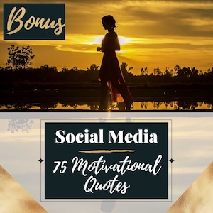K&ouml;nnte beinhalten: Eine Silhouette einer Person, die auf einen Sonnenuntergang zugeht, der in einem Gew&auml;sser reflektiert wird. Der Text "Social Media 75 Motivational Quotes" wird in einem schwarzen Rahmen angezeigt.