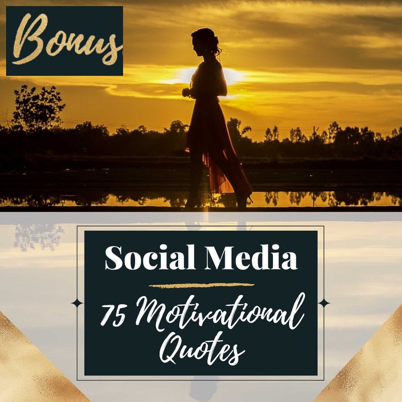 K&ouml;nnte beinhalten: Eine Silhouette einer Person, die auf einen Sonnenuntergang zugeht, der in einem Gew&auml;sser reflektiert wird. Der Text "Social Media 75 Motivational Quotes" wird in einem schwarzen Rahmen angezeigt.