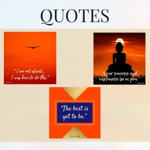 K&ouml;nnte beinhalten: Vier inspirierende Zitate, die auf einer Collage aus orangefarbenen und blauen Hintergr&uuml;nden mit Sonnenuntergangs- und Silhouettenbildern angezeigt werden. Die Zitate lauten: "Ich habe keine Angst... Ich bin dazu geboren." von Jeanne d'Arc, "Dein Erfolg und dein Gl&uuml;ck liegen in dir." von Helen Keller, "Das Beste ist noch zu kommen." von Robert Browning.