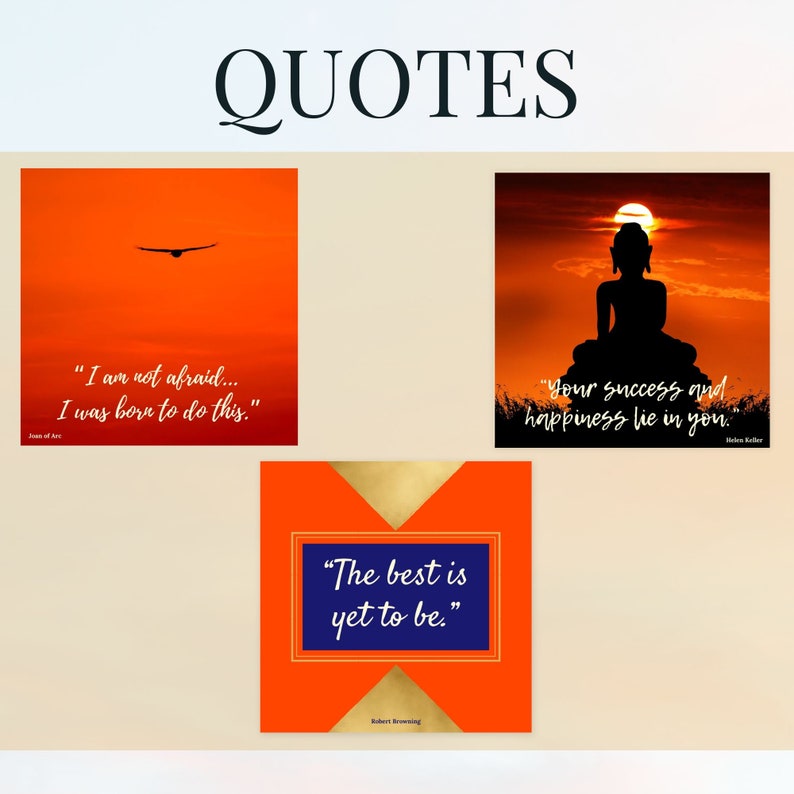 K&ouml;nnte beinhalten: Vier inspirierende Zitate, die auf einer Collage aus orangefarbenen und blauen Hintergr&uuml;nden mit Sonnenuntergangs- und Silhouettenbildern angezeigt werden. Die Zitate lauten: "Ich habe keine Angst... Ich bin dazu geboren." von Jeanne d'Arc, "Dein Erfolg und dein Gl&uuml;ck liegen in dir." von Helen Keller, "Das Beste ist noch zu kommen." von Robert Browning.