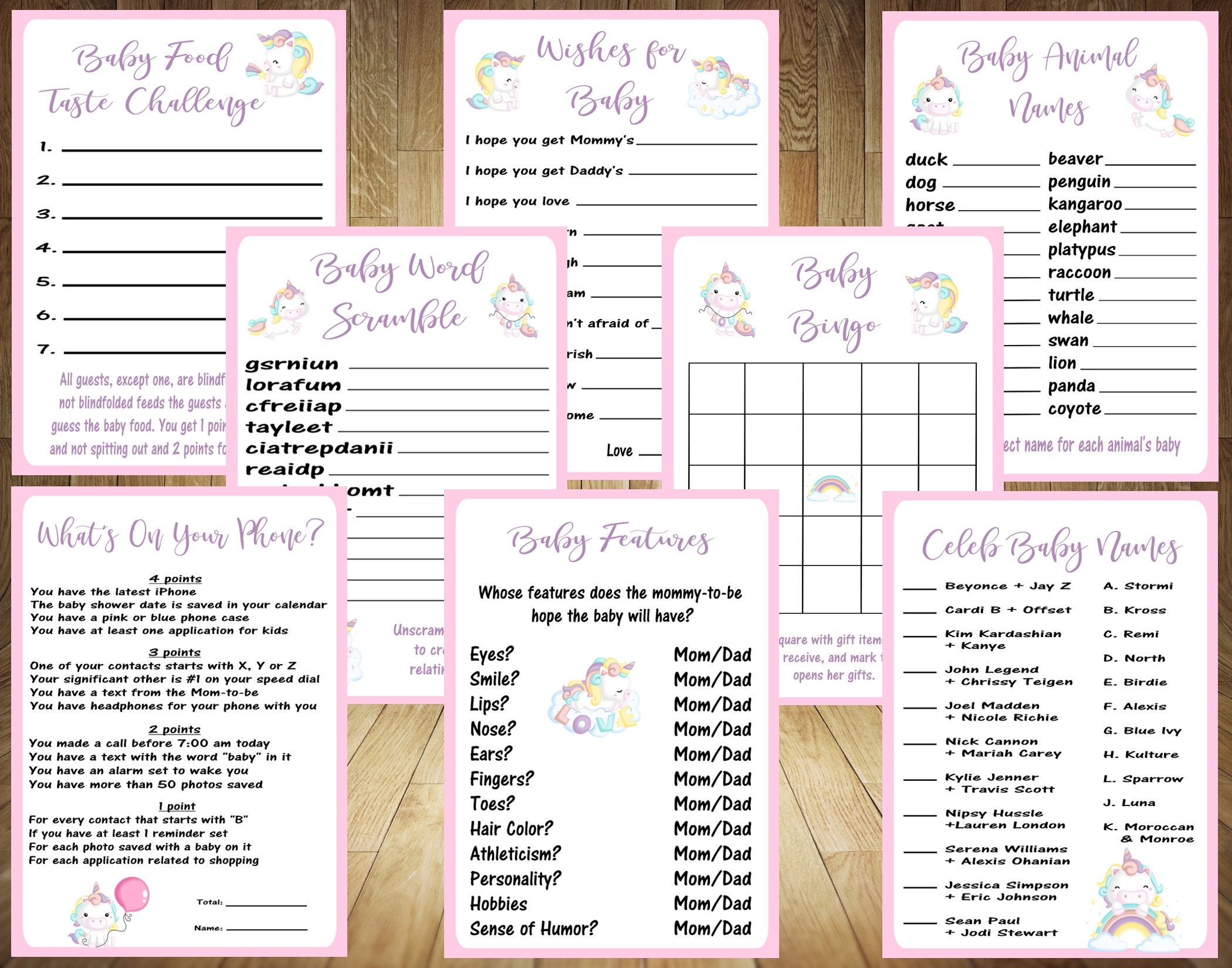All 8 Games,  Unicorn Baby Shower Games, Unicorn Baby Shower, Unicorn Game Bundle, Cute Baby Shower Games, Popular Baby Shower Games