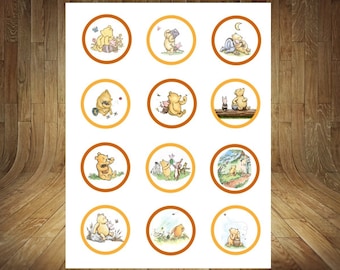 2", Toppers de cupcakes clásicos de Winnie the Pooh, toppers de cupcakes de Winnie the Pooh, pegatinas de Winnie the Pooh, toppers de Pooh, toppers de cupcakes de Pooh
