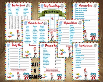 FLASH SALE! All 8 Games! Dr Seuss Baby Shower Games, Dr Seuss Baby Shower, Thing 1 Thing 2 Baby Shower Game, Thing 1 Thing 2 Baby, DIY Print