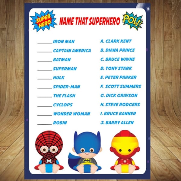 Superhero Name That Superhero, Superhero Baby Shower Game, Superheroes Baby Shower Game, Superheroes Baby Shower, Name That Superhero