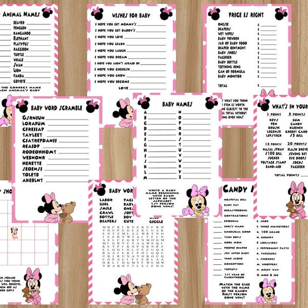 MEGA Sale!!! All 9 Games! Minnie Mouse Baby Shower Games, Minnie Mouse Baby Shower, Minnie Baby Shower Game, Digital File