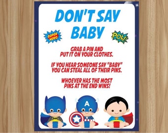 Superheld Don&#39;t Say Baby, Superhelden-Babyparty-Spiel, Superbaby-Babyparty, Super Baby, Superhelden-Babyparty, Superhelden-Wäscheklammer-Spiel