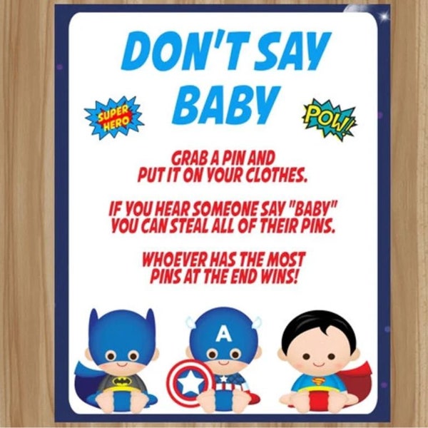 Superhero Don't Say Baby, Superhero Baby Shower Game, Superbaby Baby Shower, Super Baby, Superheroes Baby Shower, Superhero Clothespin Game