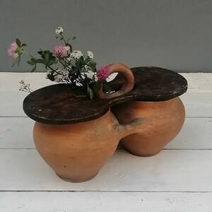 13" vintage Twin Clay Pot / Jardinière en céramique wabi sabi ukrainienne des années 1930 / Rare Double navire en terre cuite décor primitif country