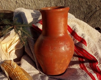 Antique Clay Jug Vase, Rustic Farmhouse Pottery, Ukrainian Decor
