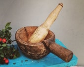 Antique Wood Bowl, Wood Mug, Wood Mortar, Wood Utensils, Antique Bucket, Rustic Wood Bowl with Handle, Farmhouse Decor, Vintage mortar