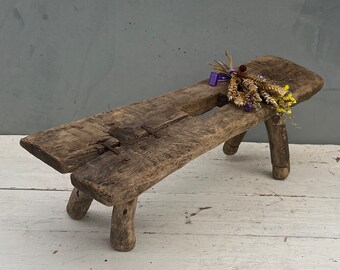 Antique wooden stool, Vintage bench farmhouse,  Rustic wooden seat, Small stool, Rustic wooden bench, Rustic chic,flower pot stand, Decor