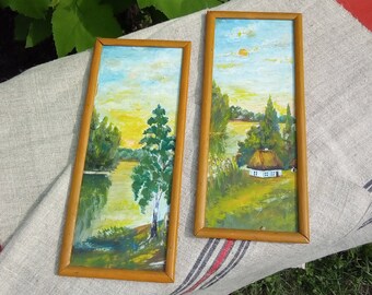 Ukrainisches primitives Ölgemälde auf Sperrholz, zwei landschaftliche Wanddekorationen