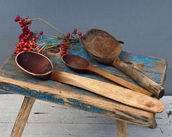 Very old wooden spoon, Handmade spoon, Rustic spoon, Unique spoons, Gift spoon, Primal spoon, Antique spoon, Primitive decor, Three spoons