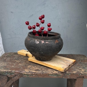 Peut inclure: Un pot en céramique sombre, arrondi et patiné, doté d'une large ouverture et présentant de légères marques rosées sur l'extérieur. À l'intérieur, plusieurs tiges fines et sombres portent de petites baies rouge vif, posées sur une planche en bois.
