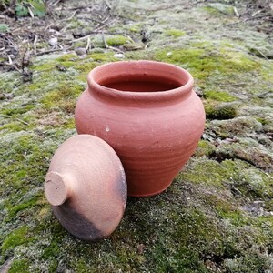 Op de afbeelding: Een handgemaakte keramische pot in terracotta kleur met een bijpassende deksel. De pot heeft een afgeronde body en een brede opening. De deksel is naast de pot geplaatst. De pot en deksel staan op een bed van groen mos.