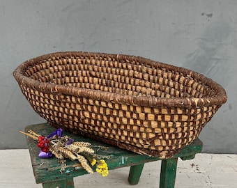 Large Antique Woven Straw Basket, Ukrainian Wheat Storage, Rustic