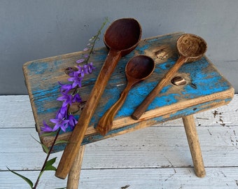 Antique Handmade Wooden Spoons, Rustic Primitive Decor (Set of Three)
