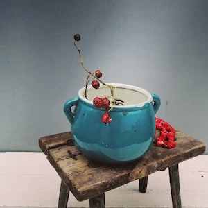 May include: A teal blue ceramic pot with a white rim sits on a rustic wooden stool. The pot contains a dried branch with red berries.