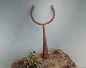 Antique fire tool hand tongs, Home kiln tool, Tool to move pots in the furnace, Large Wooden stick with a semicircular metal spear,