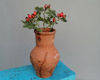 Vintage Terrakotta-Tonkrug, 23 cm (9 Zoll), rustikale ukrainische Keramikvase, rustikale Landhausdekoration, handgefertigte Steingutware