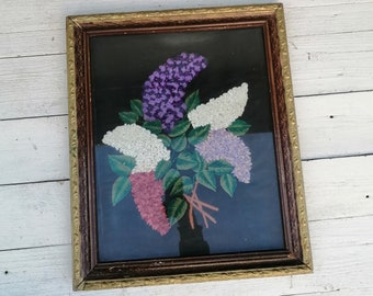 Ancient embroidered picture in a wooden frame, Unique technique of embroidery with a loop, Ukrainian tapestry, Picture in an old frame Lilac