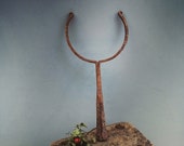 Antique fire tool hand tongs, Home kiln tool, Tool to move pots in the furnace, Large Wooden stick with a semicircular metal spear,