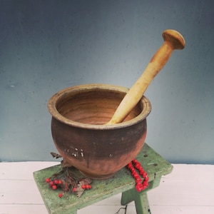 Könnte beinhalten: Ein rustikales Mörser- und Stößelset auf einem grünen Holzhocker. Der Mörser ist braun und hat eine raue Textur. Der Stößel ist aus Holz und hat eine glatte Oberfläche. Auf dem Hocker liegen rote Beeren und ein Zweig.