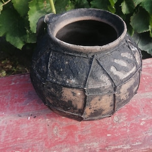 9.4" Antique Wire-Wrapped Clay Pot, Ukrainian Folk Repaired Pottery, Black Makitra Crock, Wabi Sabi Rustic Decor