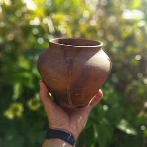 May include: A brown clay pot with a rounded bottom and a wide opening. The pot is held in a hand against a blurred background of green foliage.