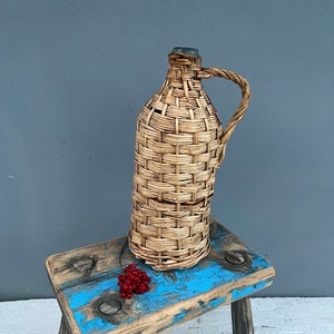 Old wine bottle Wicker, Vintage bottle, Vintage glass,Folk art, Country house, Farmhouse Decor, Old Wicker Jug, Patio Decor, Table decor