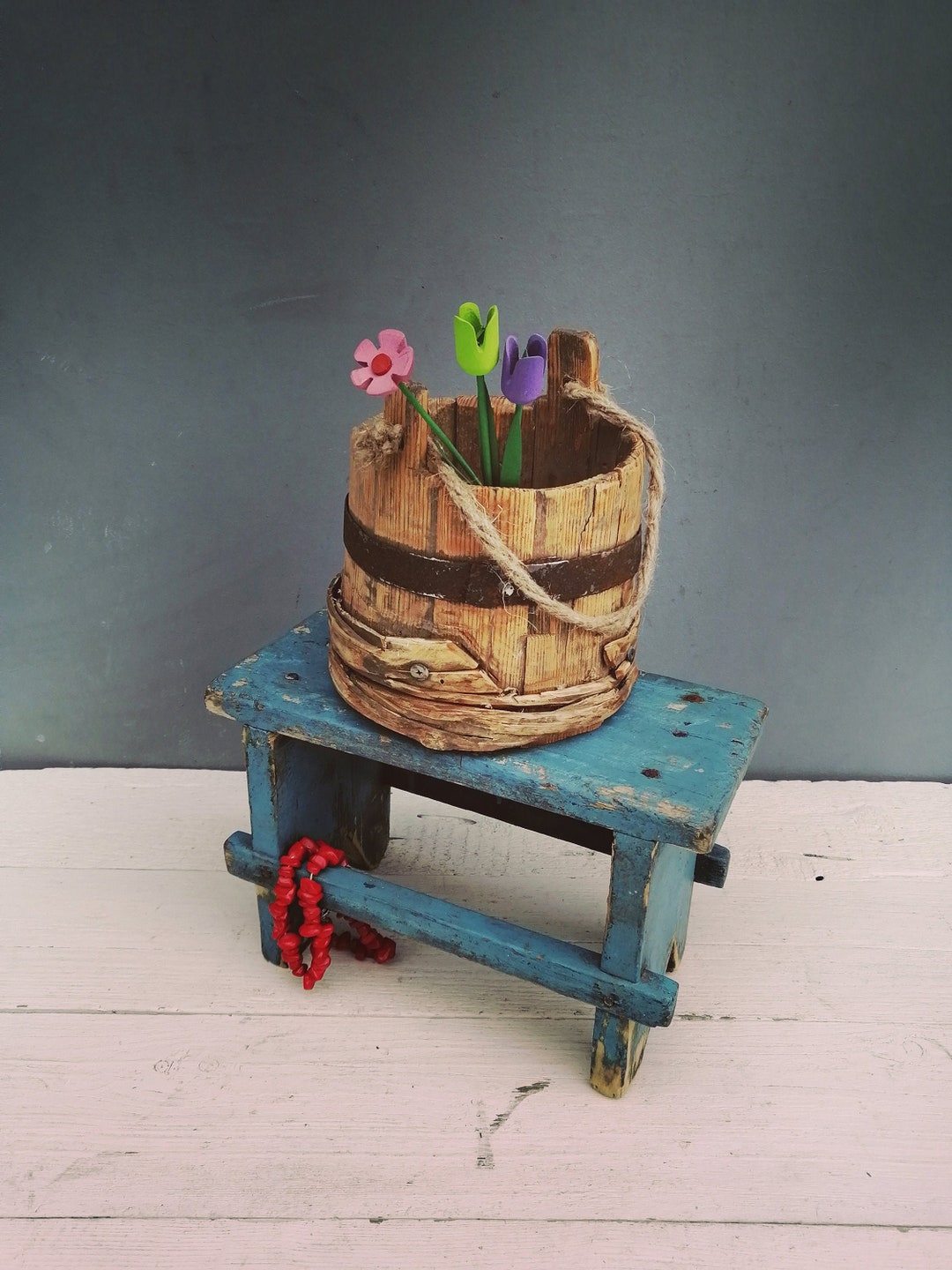 Primitive Wood Farm Bucket Very Antique Rustic Wood Bucket Etsy