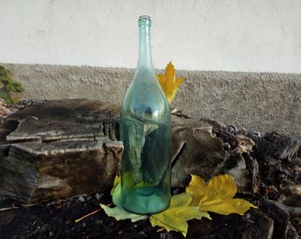 Puede incluir: Una botella de vidrio transparente con una superficie texturizada se encuentra sobre un tocón de árbol desgastado rodeado de hojas de otoño amarillas.
