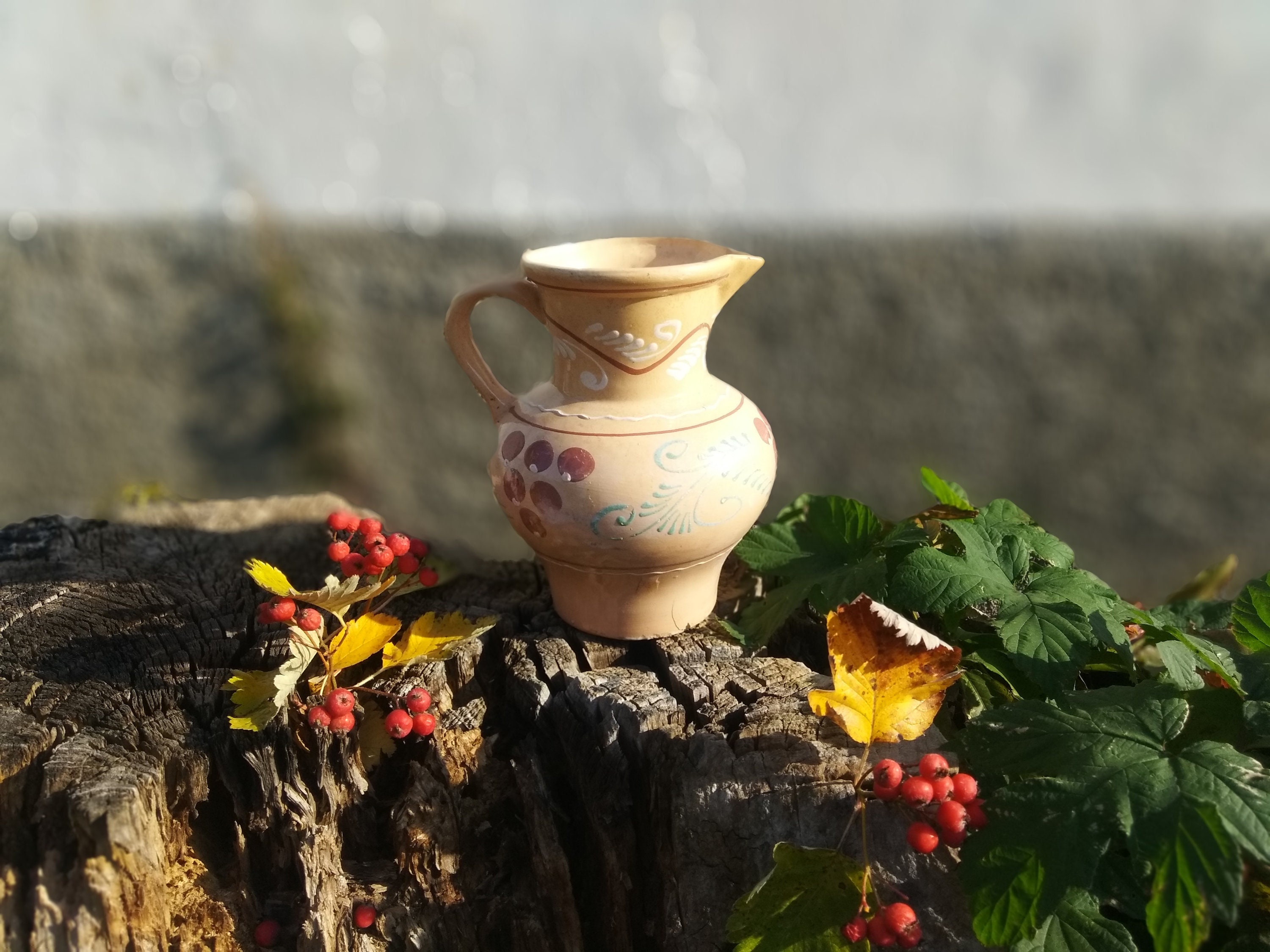 Antique Clay Jug, Rustic Ceramic Milk Pitcher, 20Th Century Decor
