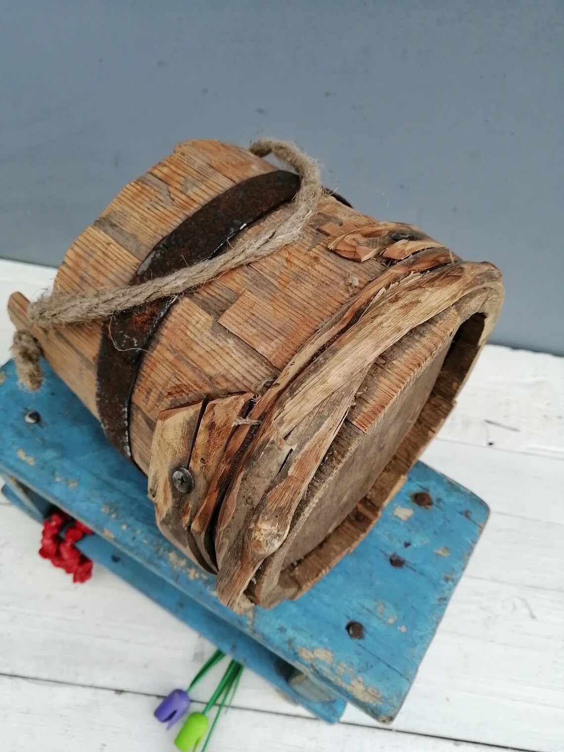 Primitive Wood Farm Bucket Very Antique Rustic Wood Bucket Etsy